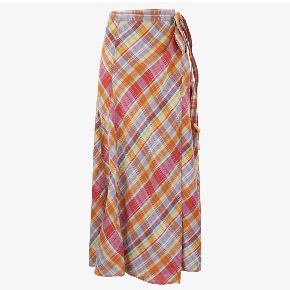Polo Ralph Lauren plaid wrap around skirt maxi madras plaid multi color linen